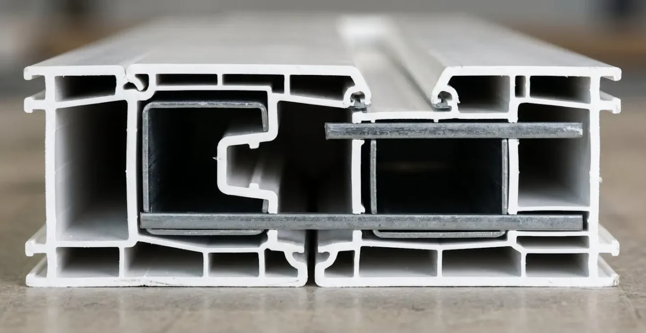 Coupe transversale d'un profilé de porte PVC montrant la structure multichambre avec cinq chambres d'isolation distinctes et renforts en acier galvanisé intégrés