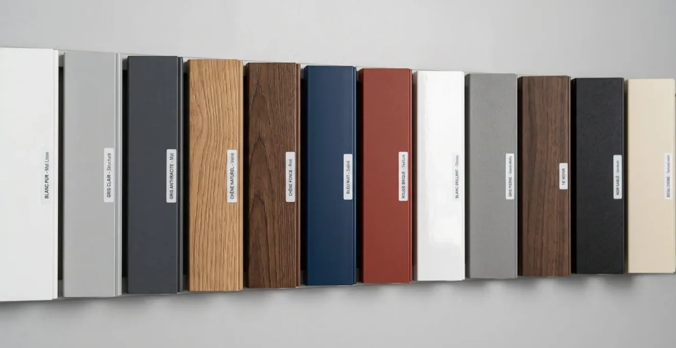 Échantillons de finitions et couleurs pour portes PVC disposés horizontalement, montrant des options blanc pur, gris anthracite, effet bois chêne, bleu marine et rouge brique avec différentes textures de surface