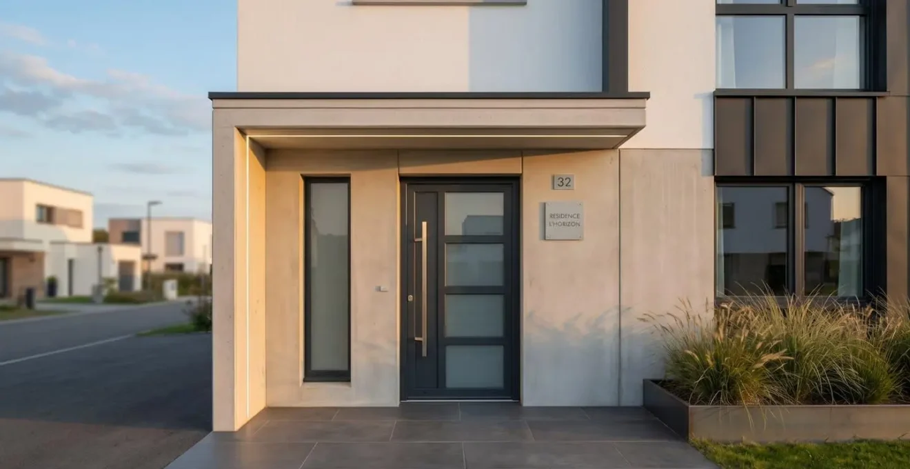 Porte d'entrée en PVC gris anthracite installée sur façade de maison contemporaine française, avec vitrage central et poignée design en finition métallique chromée