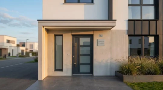 Porte d'entrée en PVC gris anthracite installée sur façade de maison contemporaine française, avec vitrage central et poignée design en finition métallique chromée
