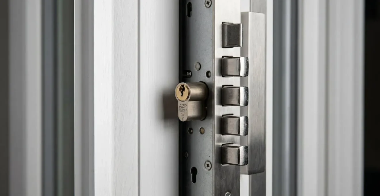 Gros plan sur mécanisme de serrure multipoints à cinq points installée sur tranche de porte PVC blanche, avec cylindre certifié A2P et pênes métalliques verticaux en position verrouillée