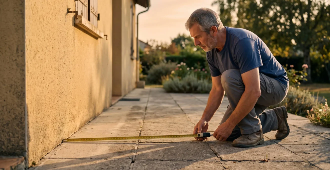 Un particulier mesure à l'aide d'un mètre ruban la profondeur d'ombre sur sa terrasse orientée ouest en fin d'après-midi.