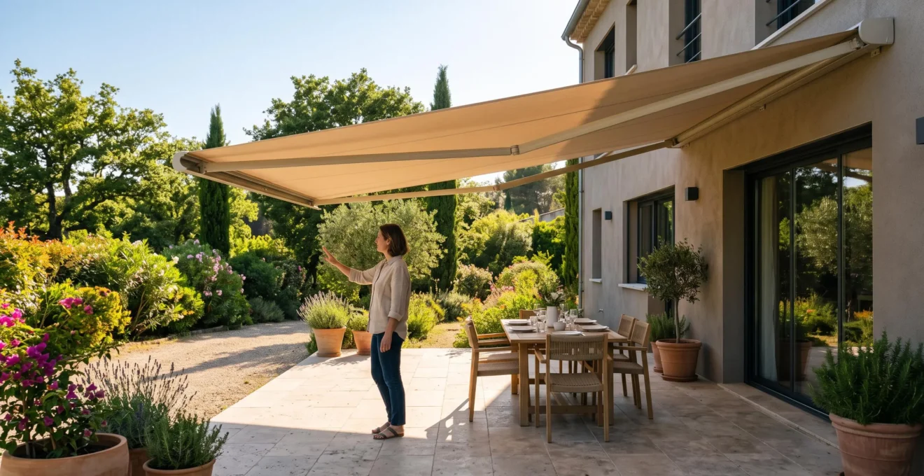 Un store double pente déployé ombrage une terrasse de maison contemporaine en fin d'après-midi, la limite d'ombre visible au sol.