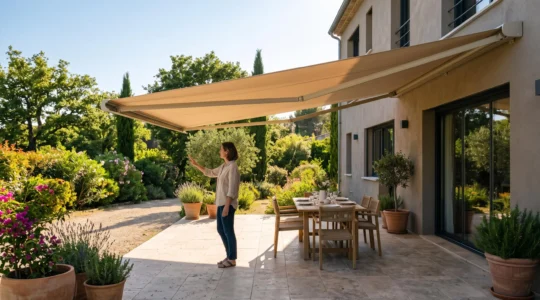 Un store double pente déployé ombrage une terrasse de maison contemporaine en fin d'après-midi, la limite d'ombre visible au sol.