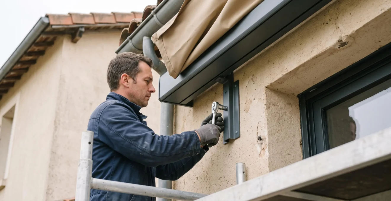 Un installateur serre au cliquet la fixation murale d'un store double pente au-dessus d'une façade de maison.