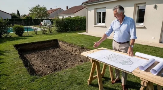 Un propriétaire français examine des plans de construction sur un site d'aménagement extérieur pour un projet de piscine.