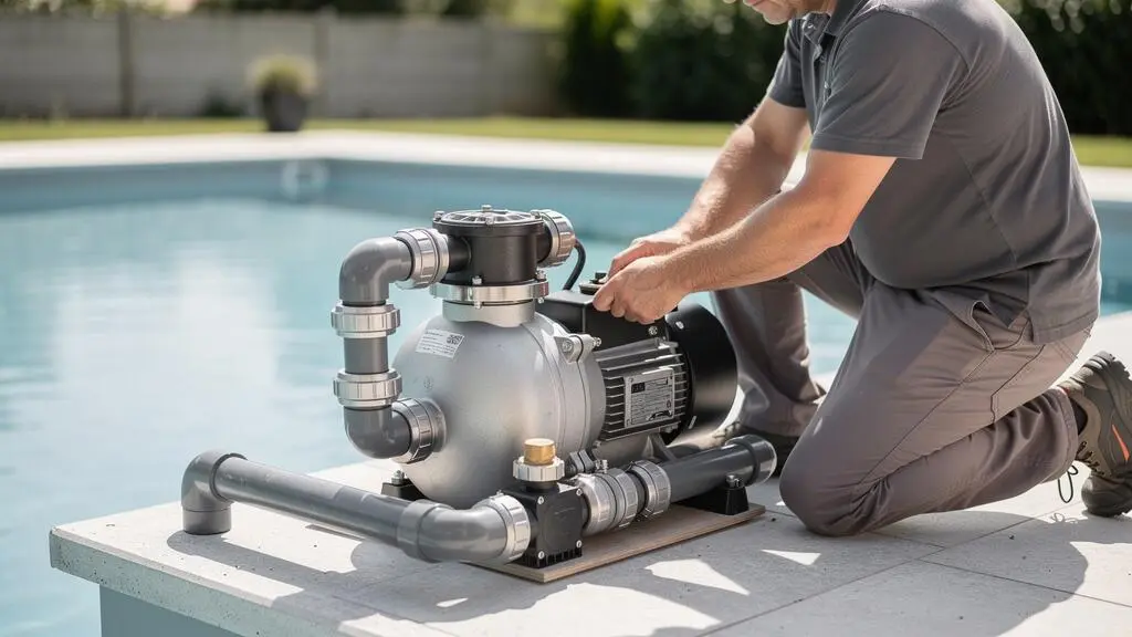 Un technicien vérifie les équipements de filtration et de pompe près du bassin nouvellement construit.